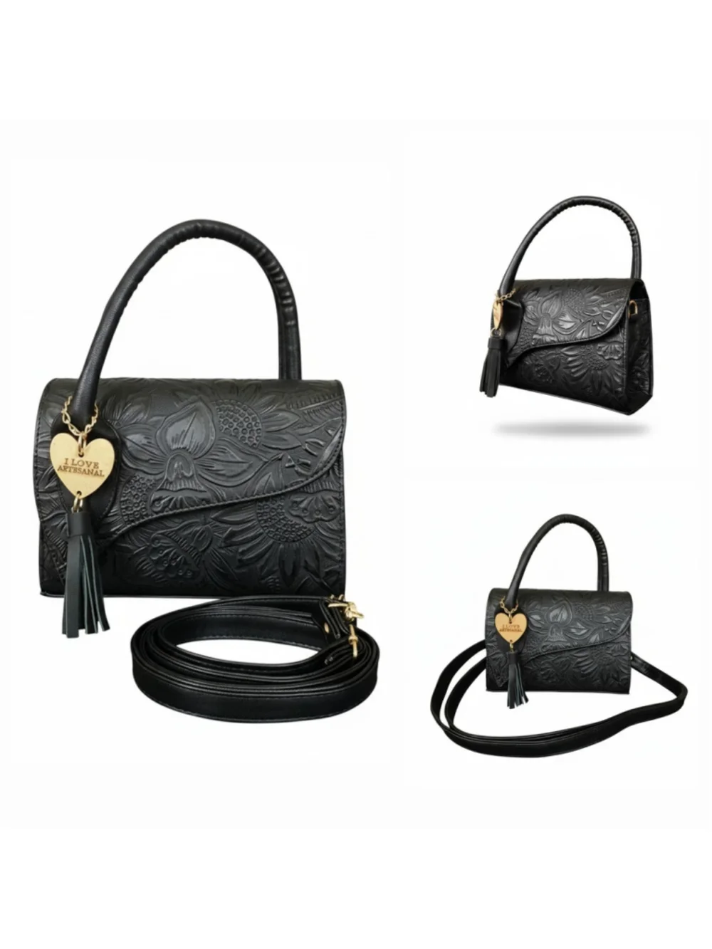 Black Sunflower Embossed Tooled Artisan LEATHER Crossbody Bag Purse Handbag